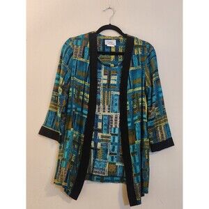 Lady Carol Size 8 Kimono Blue Green Black Trim Open Front Art To Wear VTG 1970's
